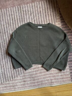 La Hearts Cropped Ribbed Crewneck Sweater - Forest Green
